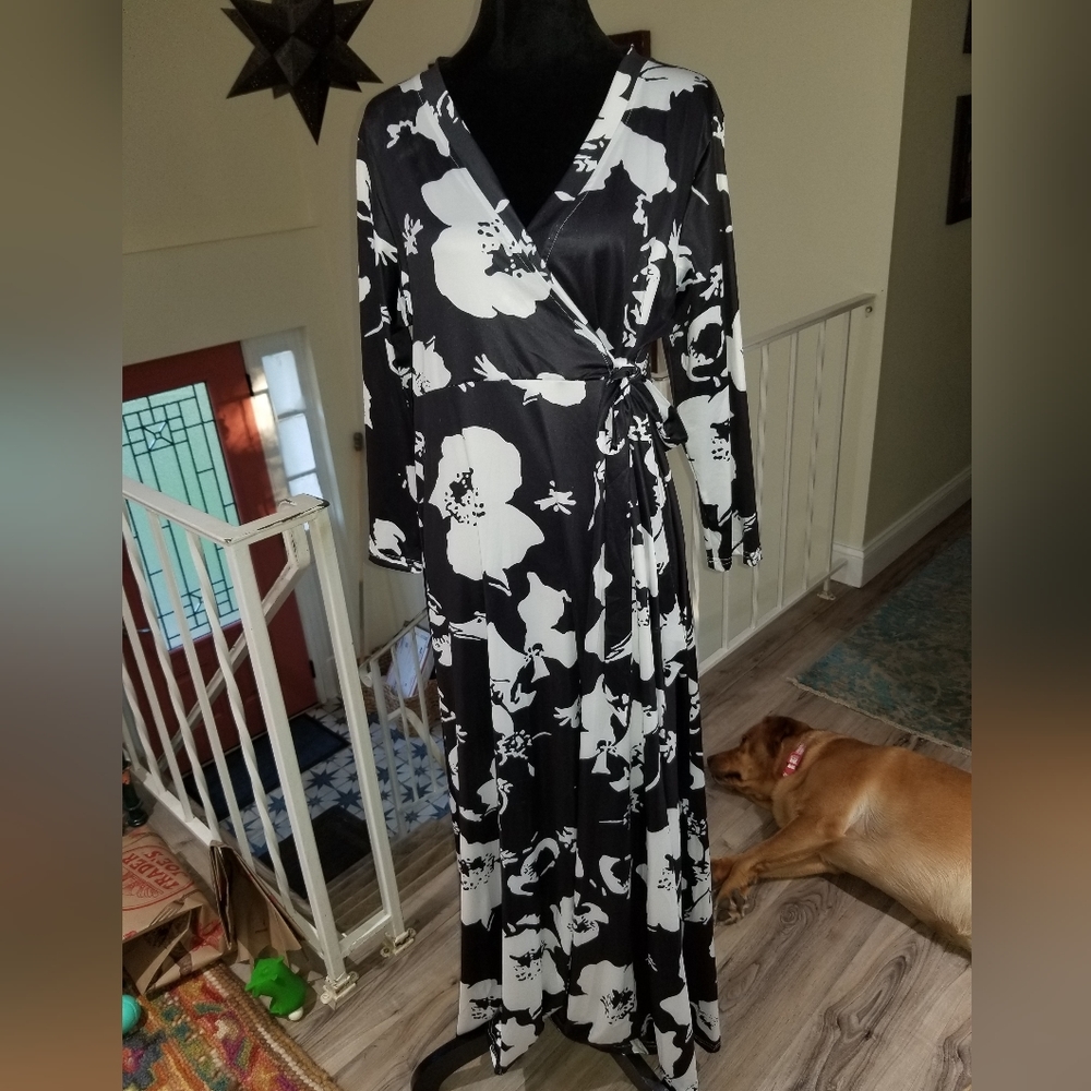 UNBRANDED ladies black and white ma I dress with swag tie to the left.